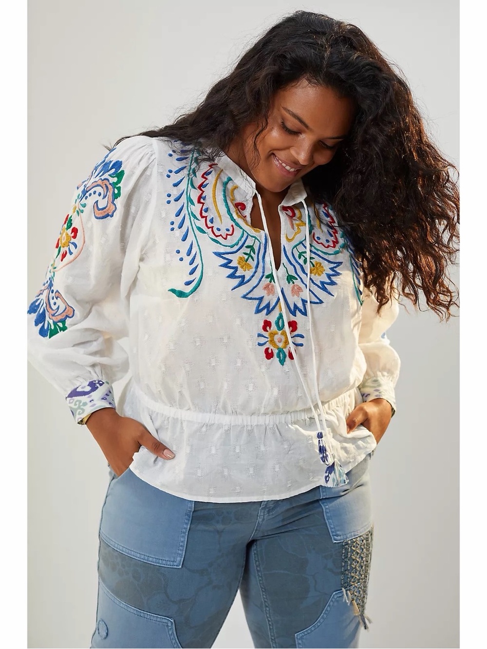 Anthropologie Forever That Girl Embroidered Peplum Blouse in White